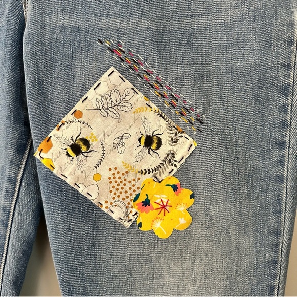 Old Navy up cycled mixed media Boho jeans with Bee Patches, 00AK Size 14, - Picture 5 of 9